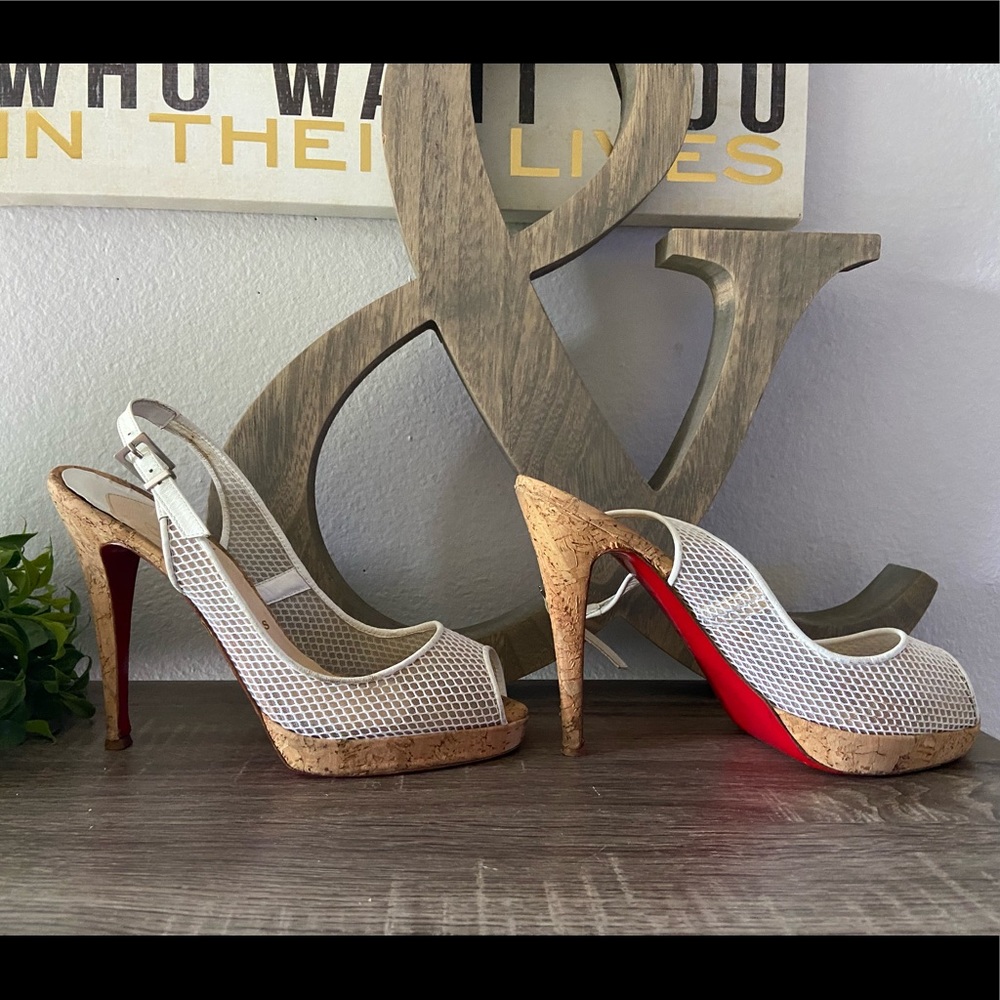 Christian Louboutin Mademoiselle Fishnet Slingback Cork Heels 👠 Mesh 39.5- US 8